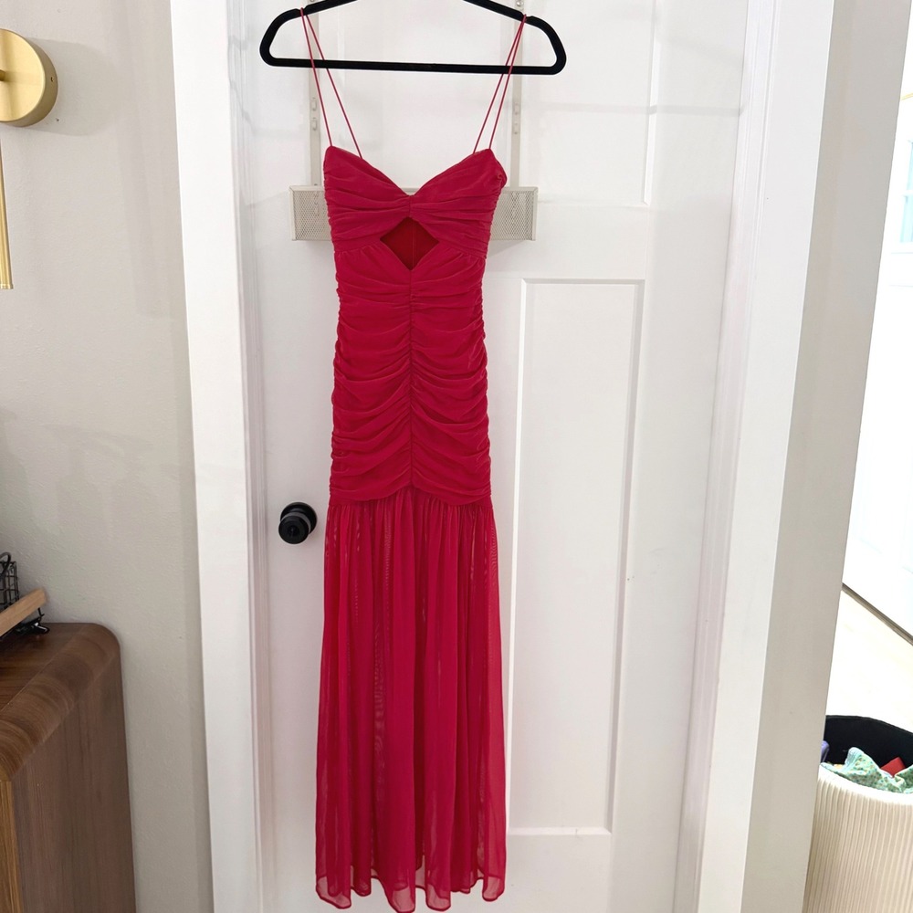 Nookie Monroe Gown Red Mesh Ruched Cutout Maxi Dress Small Sexy Romantic Bodycon